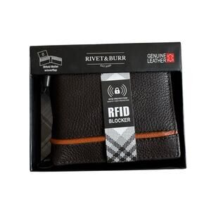 Rivet and Burr Genuine Leather RFID Blocker Mens Brown Wallet New in Box